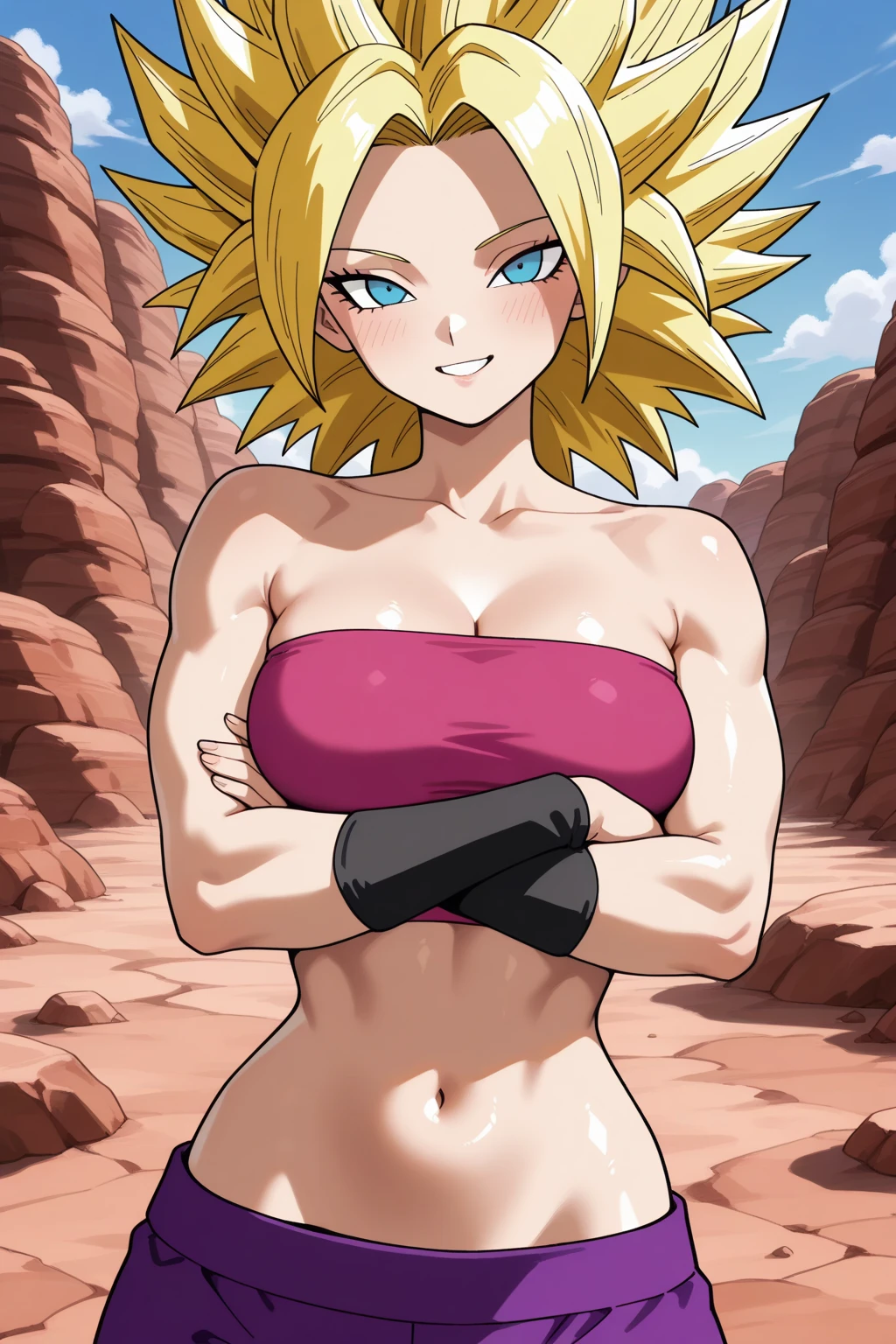 ((masterpiece, best quality)),(complex light), 1female,solo,upper body, goku black,super saiyan rose hair,pink eyes, angry, green potara earrings, large breasts, wide hips, curvy, thin waist, red collar, solo girl, armpits, arms up, large breasts, gigantic boobs, hips, curvy, thin waist, black slingshot swimsuit, black arm sleeves, abs, muscular female, 6 pack, muscles, beach background, sexy