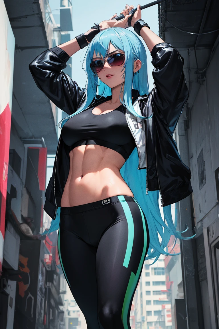 Masterpiece of Solo Excellence: A Captivating Solo Performance

In the heart of a graffiti-laden urban landscape, a solitary figure stands against a wall, her multicolored hair cascading down her back in a rainbow of hues. Wearing a crop top that emphasizes her colossal cleavage, she sports gym leggings and an armband adorned with a thigh strap, adding a touch of athletic allure to her ensemble. Her arms are positioned behind her back, a pose that exudes a sense of bored confidence.

A paint splatter decorates her chest, a remnant of a spontaneous street art session, creating an