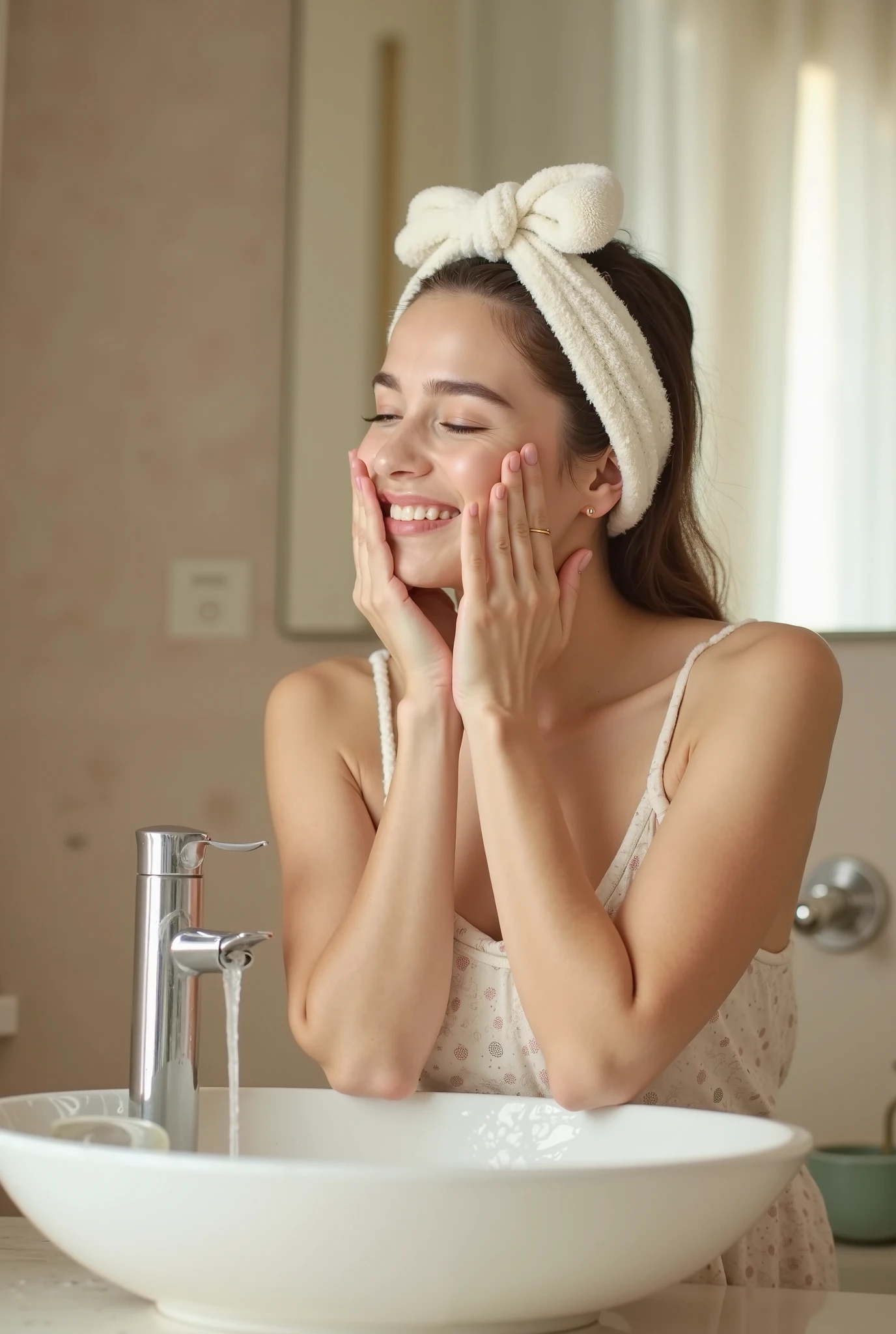 The image you describe would be very visual and attractive. I could show a beautiful woman, con una piel radiante y bien cuidada, applying beauty skin care products. Here is a detailed description:
Context and Setting:
The woman could be in a bright and clean environment, such as a modern bathroom or an elegant vanity.
El fondo puede tener tonos suaves y neutros para resaltar a la modelo y los productos.
La Mujer:
Tiene una piel clara y uniforme, sin imperfecciones visibles.
His expression is serene and relaxed, reflecting satisfaction with your skincare routine.
Productos de Belleza:
I could be using a moisturizer, applying it with your fingers to the face.
Otros productos, like a tonic, a serum and a face mask, pueden estar visibles sobre el tocador.
Los envases de los productos son elegantes y sofisticados, posiblemente en tonos dorados o plateados.
Detalles:
The lighting is soft and natural, destacando el brillo saludable de su piel.
La mujer puede estar usando una bata blanca o una toalla en la cabeza, sugiriendo que es parte de su rutina matutina o nocturna.
Posibles Accesorios:
Un espejo con luz LED, dando un toque moderno y chic.
Toallas de felpa blanca y flores frescas, adding an element of freshness and luxury.