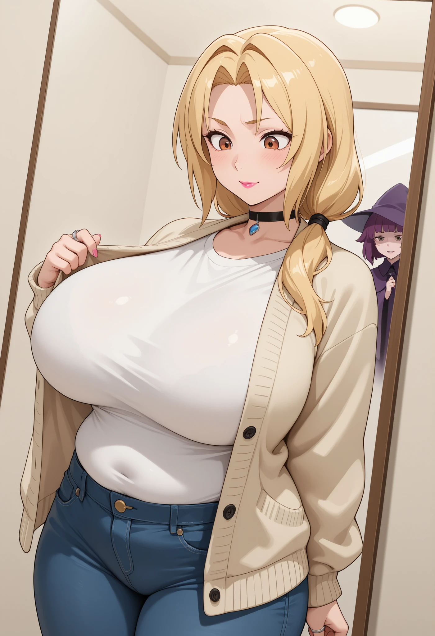 Tsunade Senju . Grandmother . long , blond hair tied in two ponytails . brown eyes . pink lipstick . huge saggy breasts . chubby. choker , | Cute anime girl. Her face is rounded. The front hair is cut diagonally above the eyes. Hair color is black. She wears a simple silver ring on the ring finger of her left hand. She is wearing jeans and a white long-sleeved T-shirt. She is in the process of removing her beige cardigan. Location: A small private fitting room in a clothing store. She is looking at a large mirror on the wall, in which she can see her reflection. Deep purple mage clothes and a deep purple large mage hat are hanged on the wall. An angle from the ceiling looking down on her and the mirror.