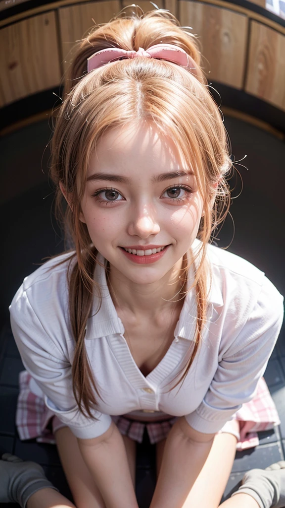 Highest quality, masterpiece, Ultra-high resolution,8k, (Realistic:1.6), (Sunny outdoor portrait:1.4) RAW Photos,((Uniqlo bra top and pleated mini skirt)),((Nipples seem to be visible)),((Full body photo)),1 person,Omotesando,A slender adult 26-year-old woman,((A big smile showing all my teeth )) ,((Braided blonde twin tails)),((Looking up at the audience)),Face Focus:1.4,((Shooting from above with a fisheye lens:1.4)),