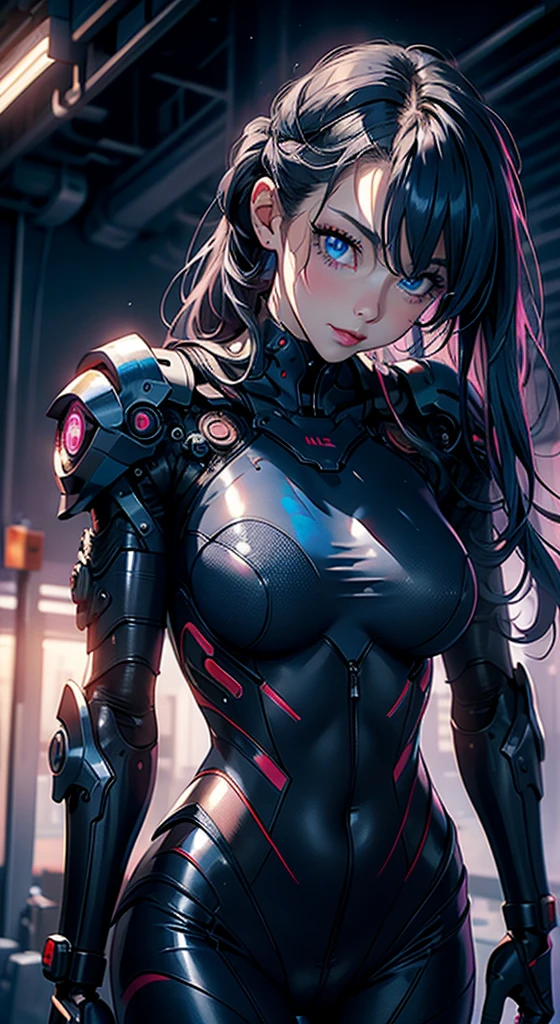 Best image quality,Realistic and detailed image of a girl. Black hair bun. Blue eyes.Half an eye , Long eyelashes. She has small breasts, Slim waist, Wide Hips,Slender. Sleepy look, Rider Suit