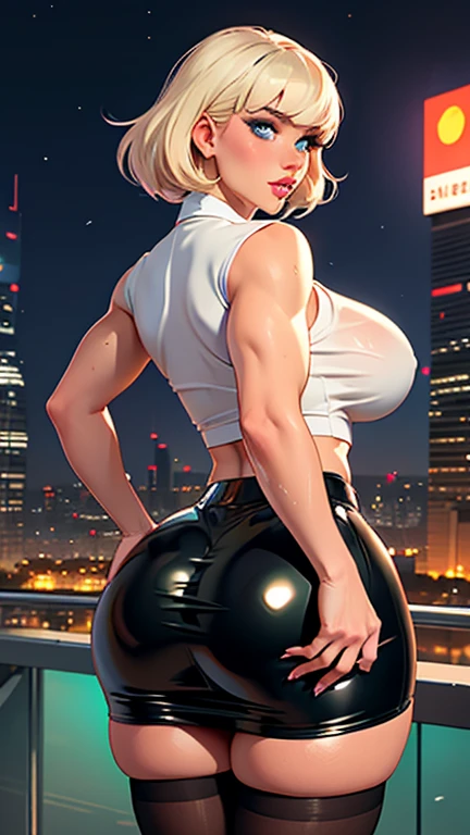 Sandy blonde hair, glasses, bright green eyes, stockings, crop top, big , thick thighs, hours glasses, wavey hair, black knee high socks, skirt, black skirt, red dragon crop top, big , peace sign, ((peach lips)), smile, cute hair style , white skin