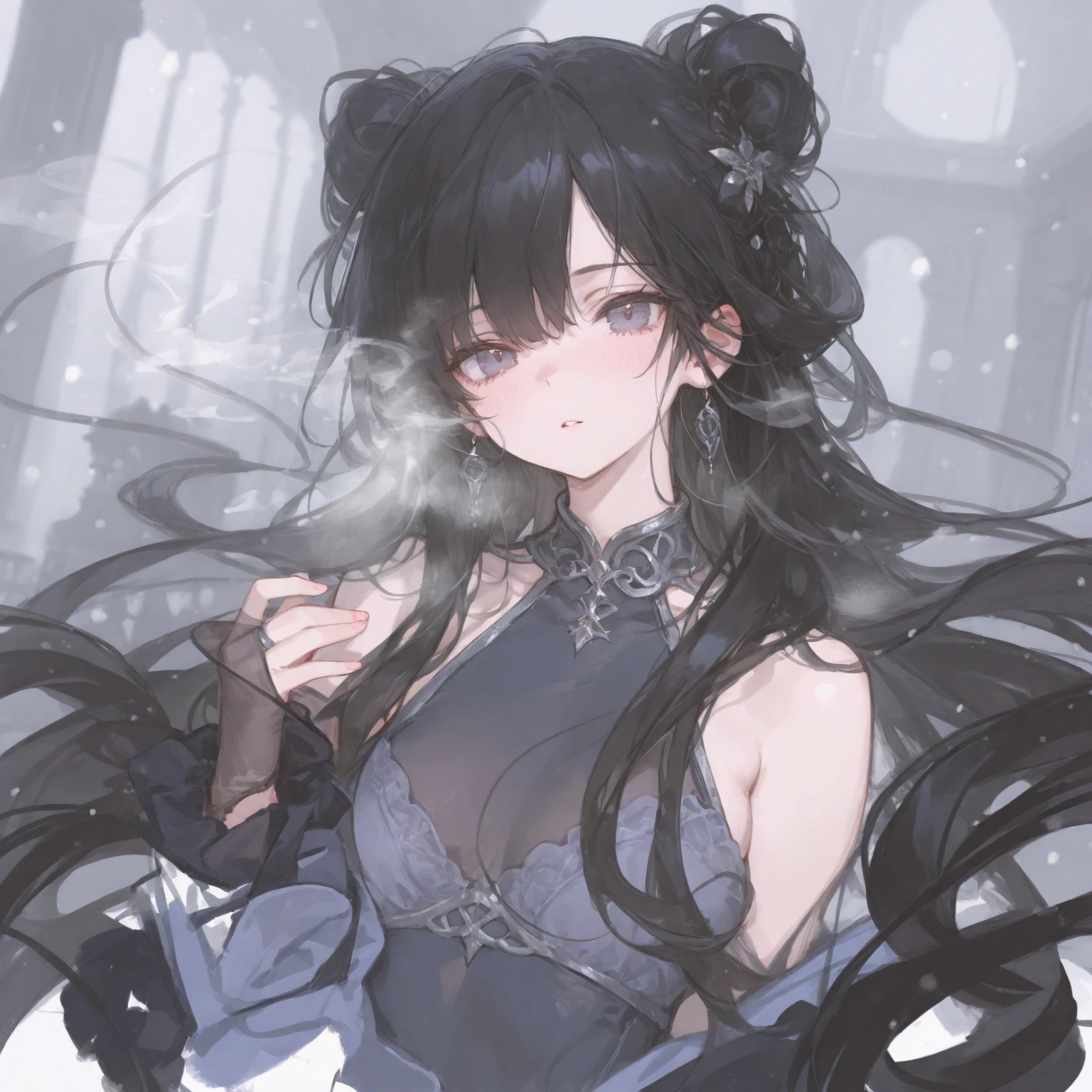 emo_hairstyle, (piercings), (black necktie), ((long hair)), ((straight hair)), (((black hair))), side swept bangs, white skin, pale, white, (green eye), tired expression, choker, ((dark makeup, mascara, eyeshadow)), multiple piercings, best quality, 8k, dark laboratory, dim lighting, white shirt, erotic, slytherin, black and white robes,  (small breasts, cleavage, strap gap, leaning forward, hanging breasts), hogwarts robes. (((small breasts)))
