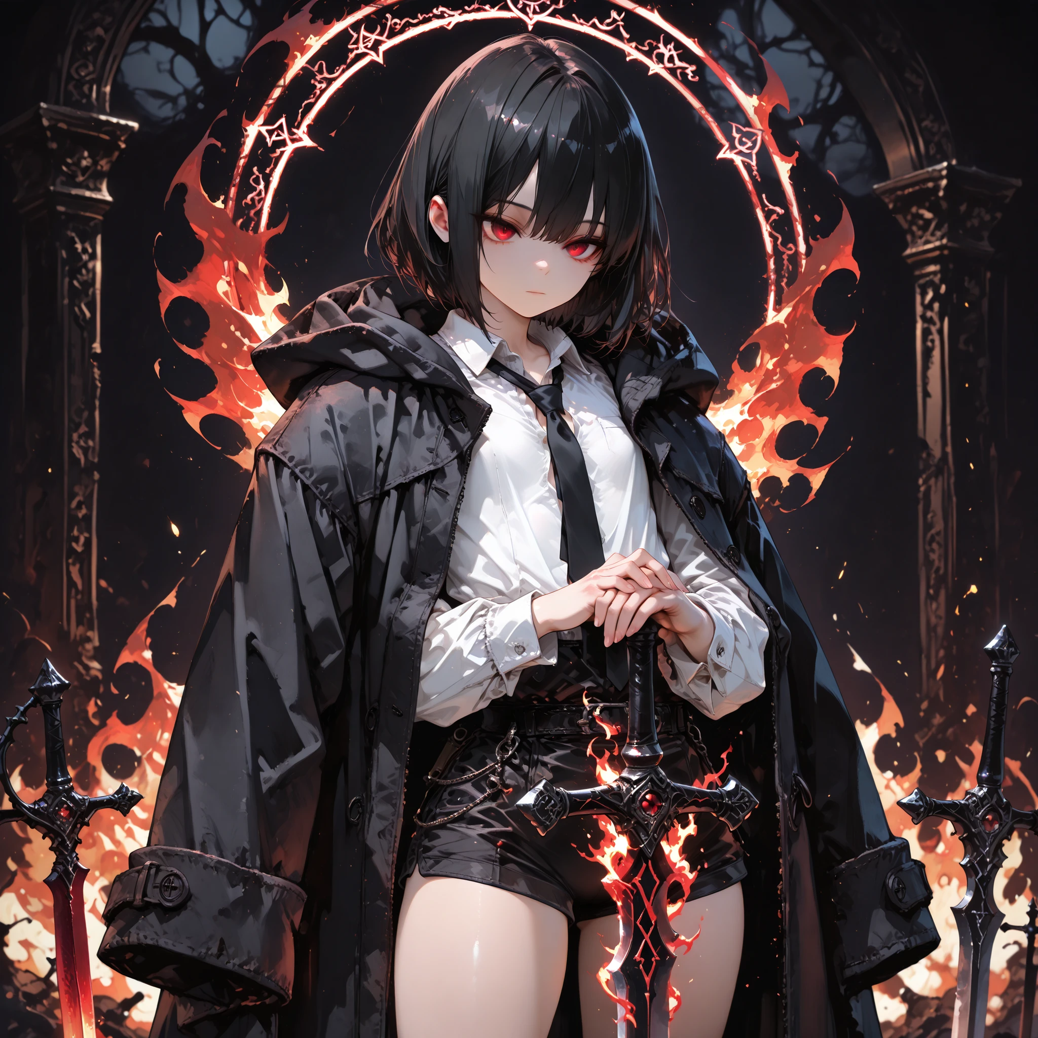 ((best quality)), ((masterpieces)), (detailed), perfect face, SOLO, ((((femboy)))), tomgirl, ANIME, beautiful detailed eyes, BOB hair, BOBed hair, BLACK hair, RED EYES, expressionless, hooded, Magical Eyes, dark background, ((BLACK HOODED coat draped over shoulders)), ((flat chest)), ((HOODED coat)), ((hooded head)), dress shirt, short black shorts, bare thighs, ((Flat chest)), bailing_magic_circle, black tie, holding sword, fantasy sword, Put your hands on the handle, Planted Sword, Put both hands together, perfect fingers, (Fire magic)