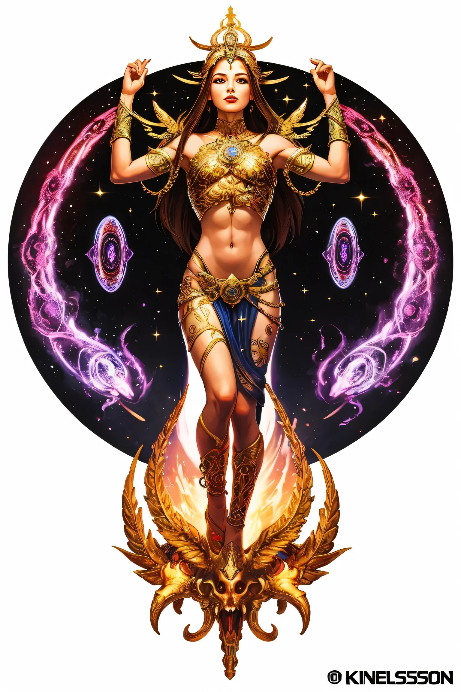 high quality, 1girl woman, ((indian) goddess), buddhism, shiva, mahadeva, (diaper), using magic skull weapon, (battle scene), against immortal Huaguang, in space, floating over planets, quantum river, futurism, photorealism, super realistic photo in high detail, black and gold, vivid