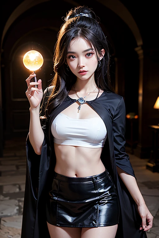 Character of a beautiful magical girl, with one of her eyes is red, has a slightly long fang, her body is slender and slim with a flat , wearing a short skirt black robe, a sharp and threatening gaze, a black aura appears behind her, the background is an ancient room, she is holding a shining crystal ball, depth of field, first person perspective, f/1.8, 135mm, Nikon, UHD, retina, masterpiece, accurate, anatomically correct, textured skin, super detail, high detail, high quality, best quality, high resol