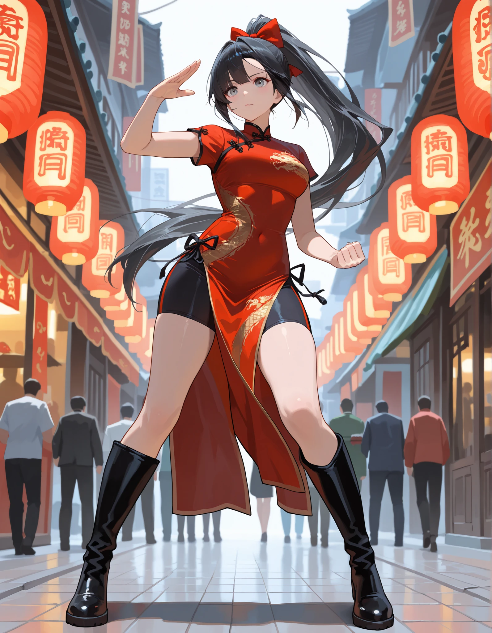best quality, masterpiece, highres, wuxia, 1girl, solo, solo focus, (black hair, long hair, ponytail), grey eyes, red china dress, red bow, black biker shorts, super gorgeous face, super gorgeous eye, super gorgeous hair, kung-fu fight, boots, full body shot, chinatown street backdrop
