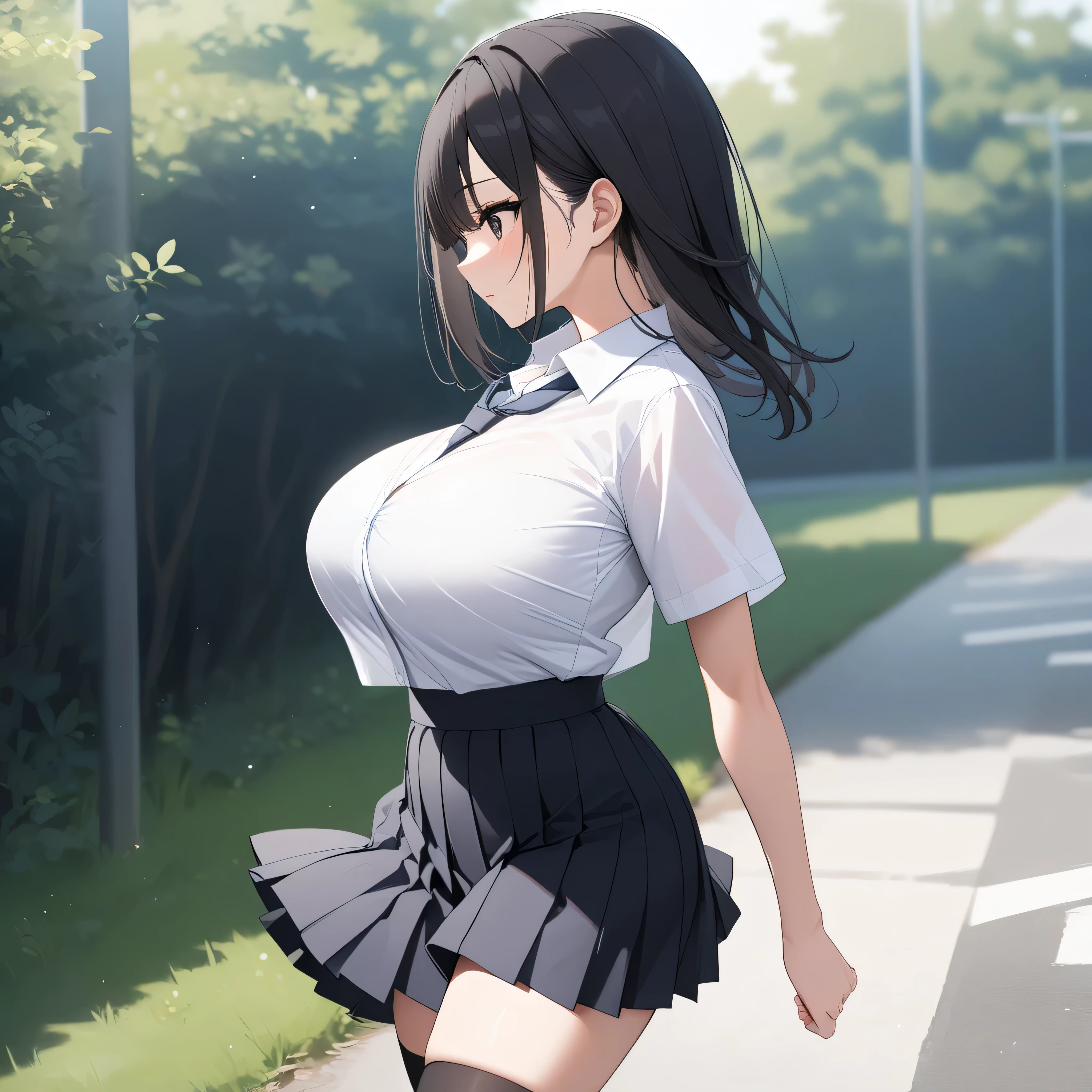 (primarily school), landscape, BREAK, sideview, solo, (1 little student walking:1.2), skinny girl, (bouncing large breasts), arched back, arms behind back, BREAK, bursting large breasts, too short torso, too narrow waist, skinny legs BREAK, school uniform, white collared shirts, (gray bra visible through shirts:1.1), (flapping black too short high-waist skirt), (slipping hip), black thighhighs