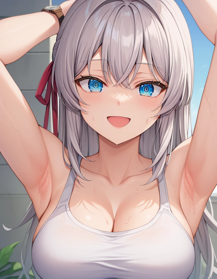 best quality, amazing quality, very aesthetic, absurdres, (1girl, noa, blue archive, solo, purpel eyes, white hair, big breasts), (realistic face:0.9),(string bikini:1.8), (grin, blush, thigh:1.3), (cowboy shot), (glowing eyes), (half closed eyes:0.9), (from above:0.5), (official art:1.3), (pool), expressive eyes, perfect face, 4k, extremely detailed anime illustration, extremely detailed eyes, perfect anatomy, light rays, extremely delicate body, smooth skin, (simple background:1.5), clear eyes, beautiful face,(anime style:1.7), (Warm Light:1.5), (highres:2),