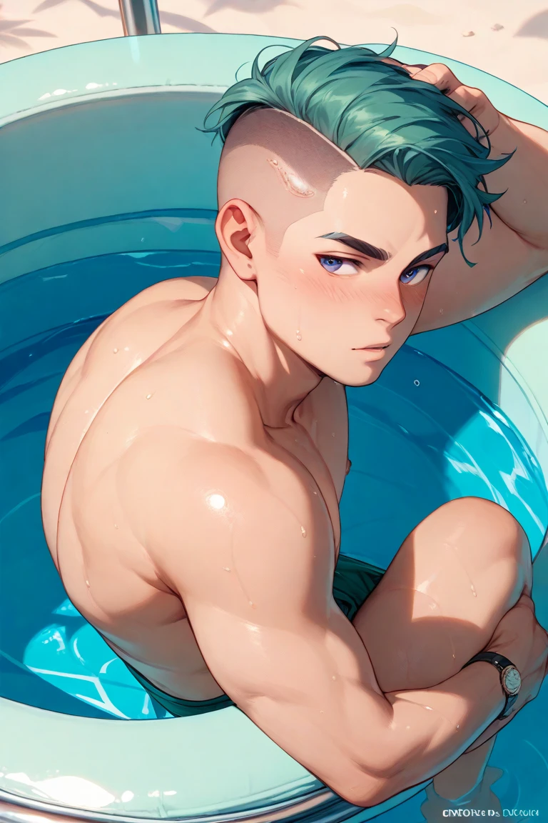 1boy, ((bara:1.5)), sport body, sexy, spread legs, detailed face, detailed hands, detailed legs, detailed fingers, detailed hair, detailed eyes, detailed skin, dynamic lighting, (detailed lighting:1.2), (detailed textures:1.3), (realistic lighting:1.2), realistic shadows, realistic skin, (photorealistic:1.4), 8k uhd, (hyper realistic), (photo realistic), (masterpiece), (best quality), body paint, naked, bare chest, flat chest, bare shoulders, bulge, underwater, wide angle, swimming, athletic body, male, iridescent skin, perfect eyes, messy green hair , bio-luminescent