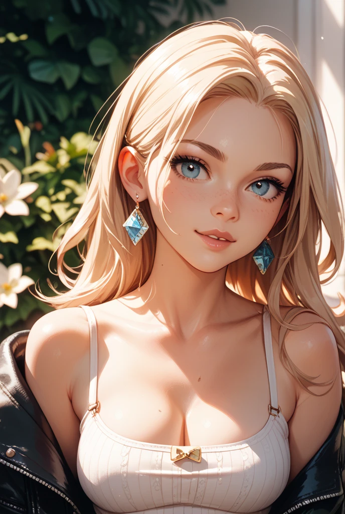 (Best Quality, ultra detailed, photorealistic: 1.39), bright and vibrant colors, studio lighting, romantic expressionmasterpiece, Best Quality1girl, Alone, blond hair, very long hair, blue eyes, hair scrunchy, looking at the viewer, Lips, shy smile, cowboy shot, shackles, Short shorts, turtleneck, T-shirt, neckline, Cara de Ahegao, small breasts, luxury resort