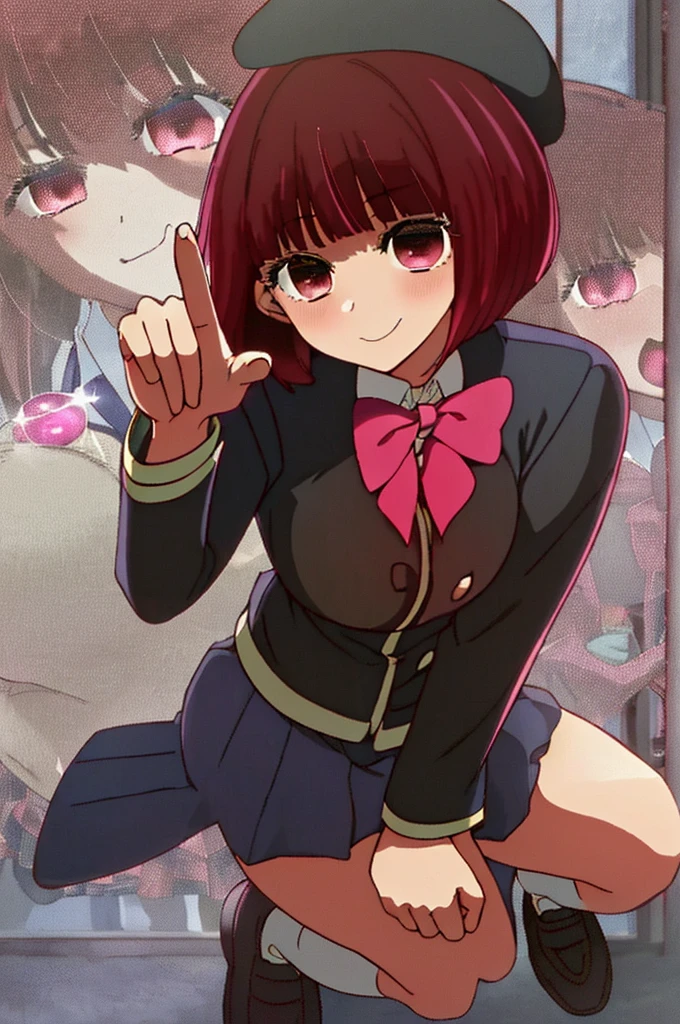 score_9, score_8_up, score_7_up, score_6_up, score_5_up, score_4_up, source_anime, aaanzu, medium hair, brown hair, aqua eyes, breasts, school uniform, blue bowtie, blazer, pink jacket, long sleeves, pleated skirt, blue skirt, <lora:mazaki_anzu_ponyxl_v1:0.9>, middle finger, chewing gum, classroom, sitting, crossed legs, on desk,