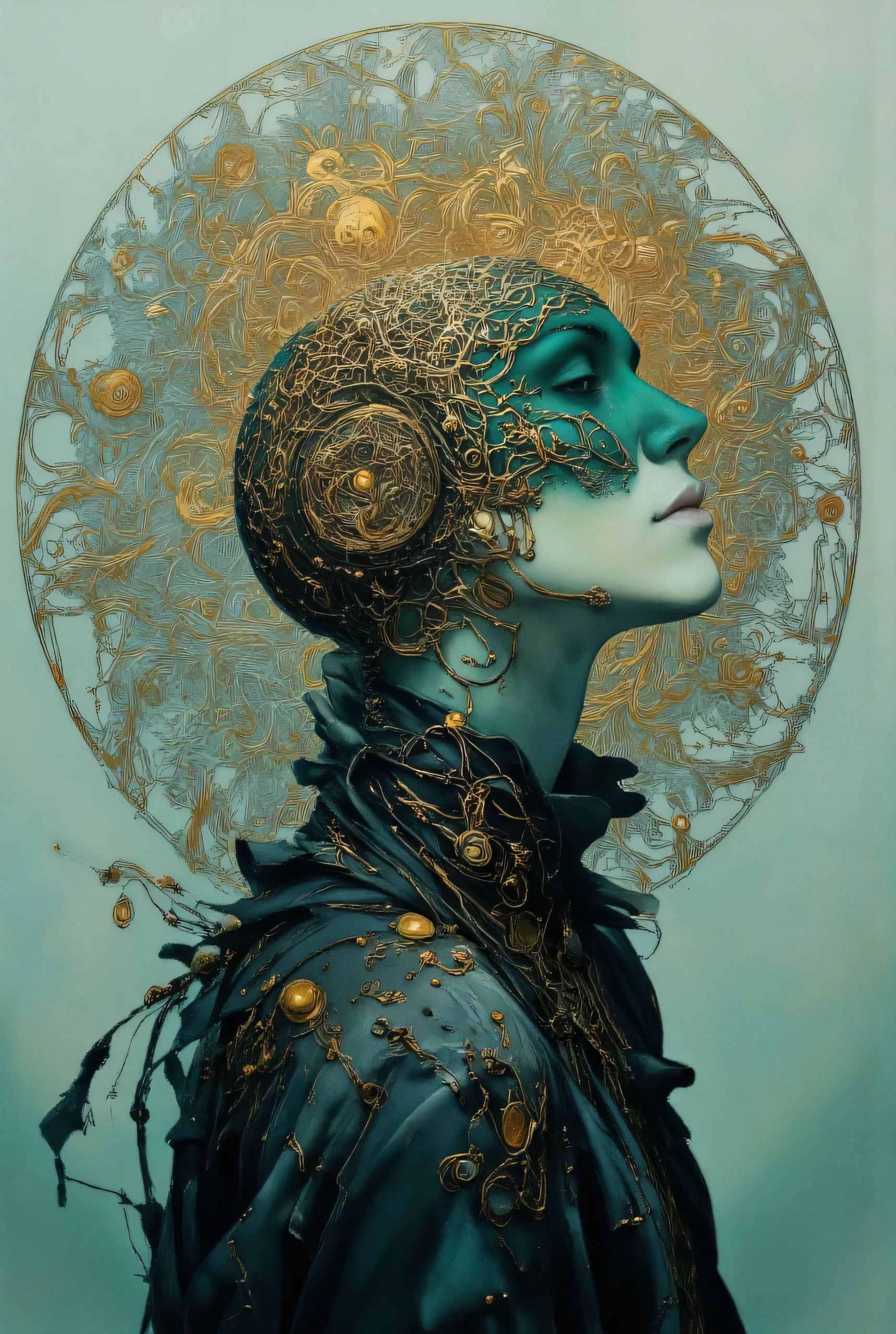 Ethereal minimalist Alien race cybergoth fashion photography painting, in the style of teal and gold, use of palette knives, waist-high portrait, intricate, sharp_focus, concept_art, background zentangle fog.