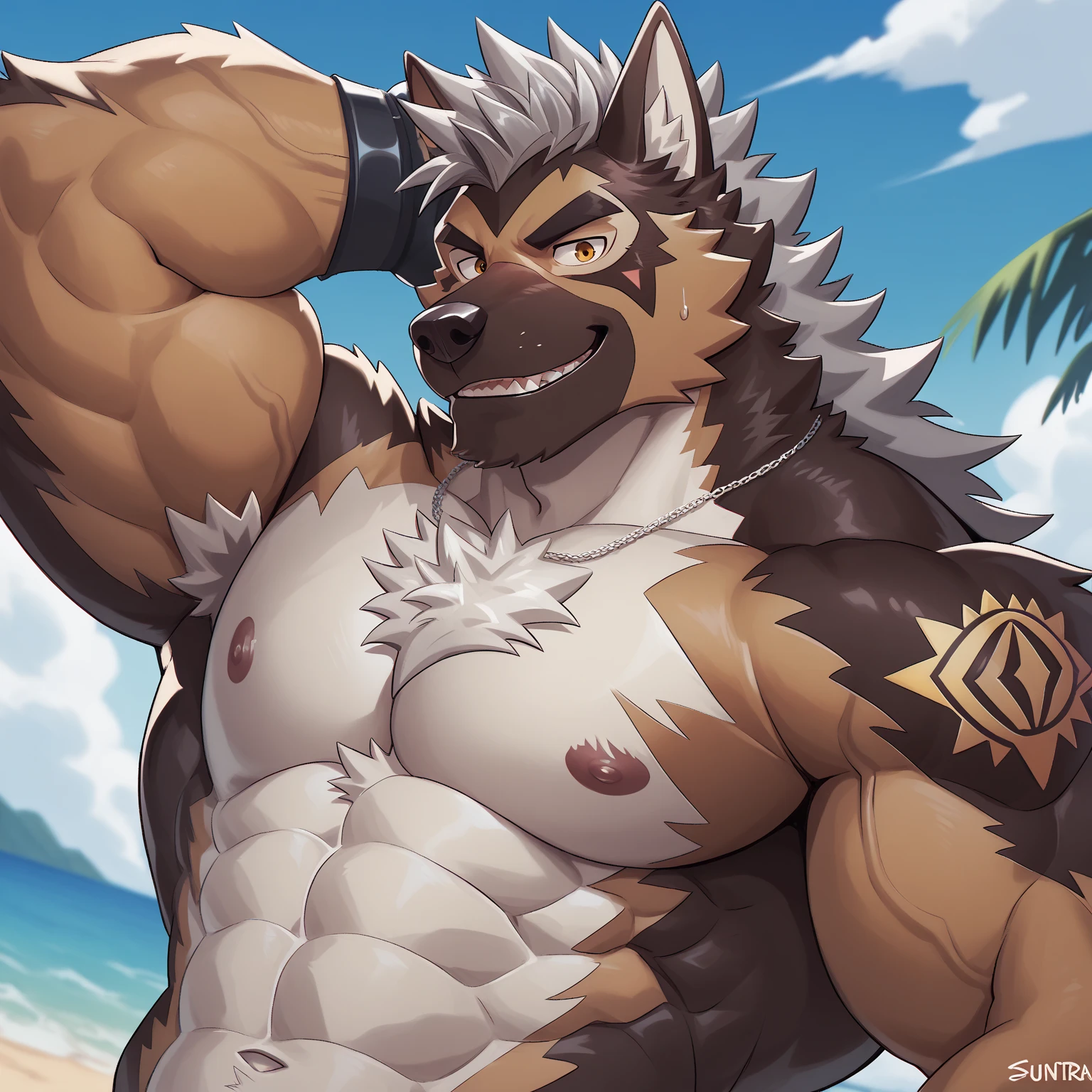 ((masterpiece)), ((high resolution)), ((Anime style)), ((best quality)), ((super fine illustration)), ((highly details)), ((8k)), ((detailed face)), ((detailed hands)), ((detailed body)), ((detailed eyes)), ((SFW:1.8)), ((solo)), ((uploaded on e621)), (by slugbox), (by bonifasko), (by cervina7), (by null-ghost), ((Arcanine)), ((black pecs:1.7)), ((black belly:1.6)), ((fluffy dog)), ((female anthro)), ((anatomically correct)), ((pawpads:1.3)), (five fingers), ((tuft)), ((fluffy fur:1.3)), ((fluffy fur body:1.3)), ((detailed fluffy fur)), ((big yellow eyes)), ((looking at viewer)), ((shoot from front)), ((close up portrait)), ((furry)), ((huge muscular female:1.3)), ((muscular figure)), ((massive and strong body)), ((vein:1.3)), ((veiny muscles:1.3)), ((huge breasts)), ((nipple outline:1.3)), ((big muscles:1.3)), ((muscular arms)), ((muscular legs)), ((six pack abs:1.6)), (Oblique muscle), serratus anterior muscle, ((thick thighs:1.3)), ((blush)), (long snout), (big tail), (canine teeth), (fangs), open mouth, ((breath visible)), ((sweaty:1.8)), ((many scars are covered in the body)), ((many scratches are covered in the body)), ((a lot of claw marks are covered in the body)), ((scars on face)), ((detailed scars)), ((wearing dog tags:1.6)), ((dynamic pose:1.3)), ((in the seaside)), ((on the beach)), ((the sun)), ((a crowd of furry:1.3)), ((detailed background)), ((cinematic lighting)), ((gorgeous light and shadows)), ((highly detailed background)), ((wearing hot pants:1.6)), ((gold bikini:1.8)),