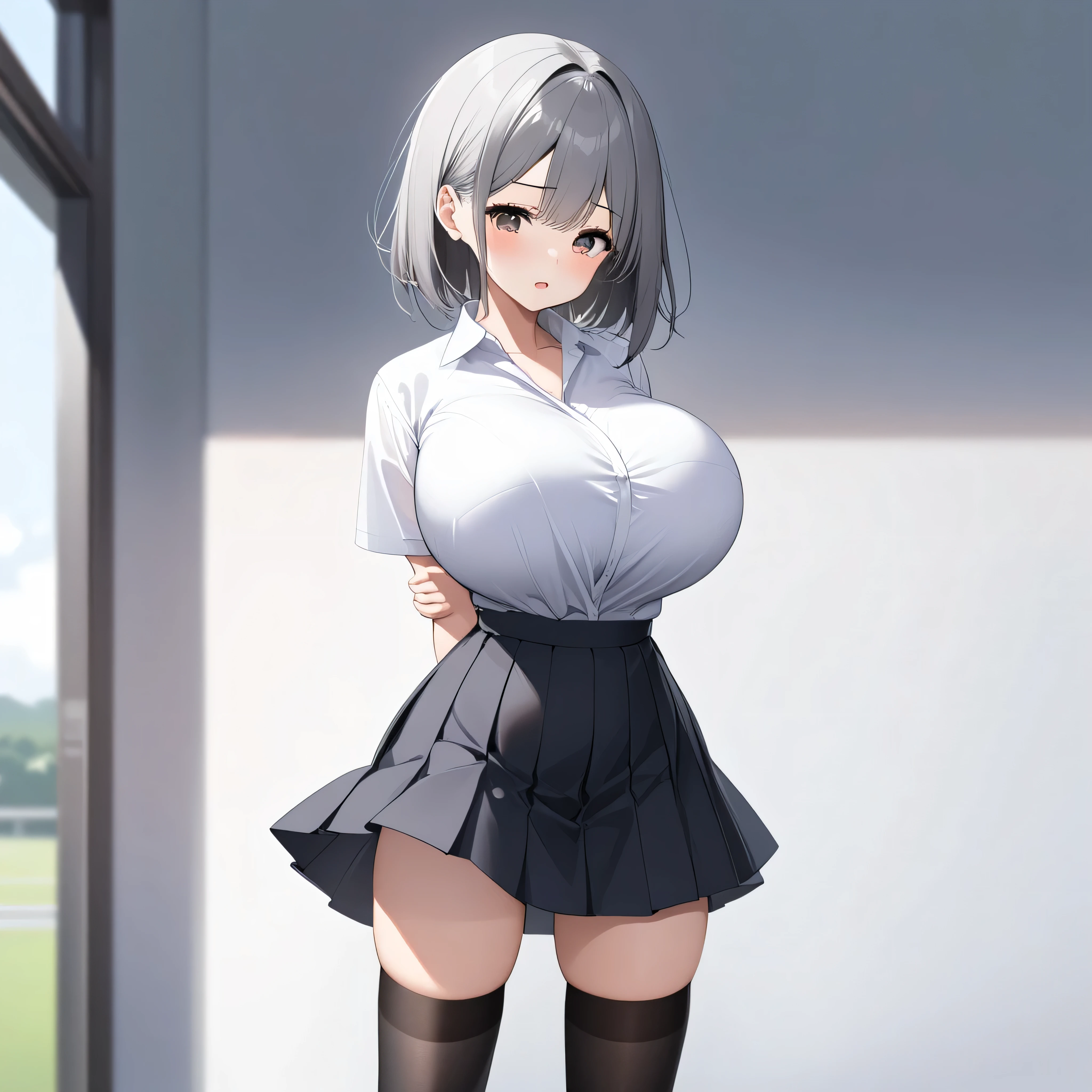 (primarily school), landscape, BREAK, sideview, solo, (1 little student walking:1.2), skinny girl, (bouncing large breasts), arched back, arms behind back, BREAK, (bursting large breasts), too short torso, too narrow waist, skinny legs BREAK, school uniform, white collared shirts, (gray bra visible through shirts:1.1), (flapping black too short high-waist skirt), (slipping hip), black thighhighs