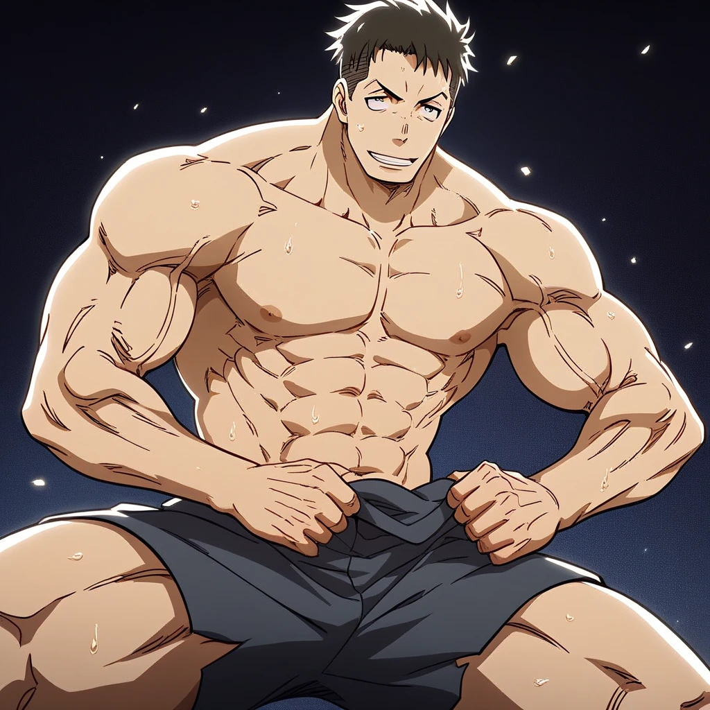 He is a 17 year old teenager, He has slightly disheveled very black hair..., somewhat light green eyes, (front angle ) , (all body), muscular body , He is dressed in the anime shorts. "my hero academia", without the shirt, just with boxer shorts, (emphasis on the shorts), 8k, high quality, masterpiece, lighting, cinematic, vivid colors