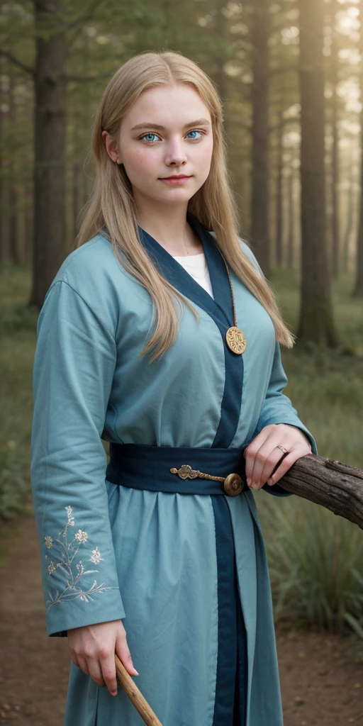 (detailed face:1.1), waist up shot, from front, female Priestess, (((blonde hair))), masterpiece, (photorealistic:1.4), round face, (((light blue wizard robes with gold trim))), (((silver medallion with blue crystal center))), (medium breasts), action pose, (pine forest background:1.1)