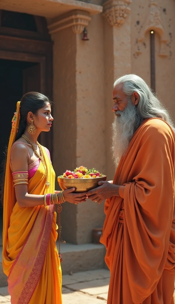Sadhu wearing yellow attire, long beard, mustache, long hairs with top bun, standing in front of a house facing the gate, asking for bhiksha, door open, one lady wearing a saree standing at the gate, giving bhiksha to the sadhu