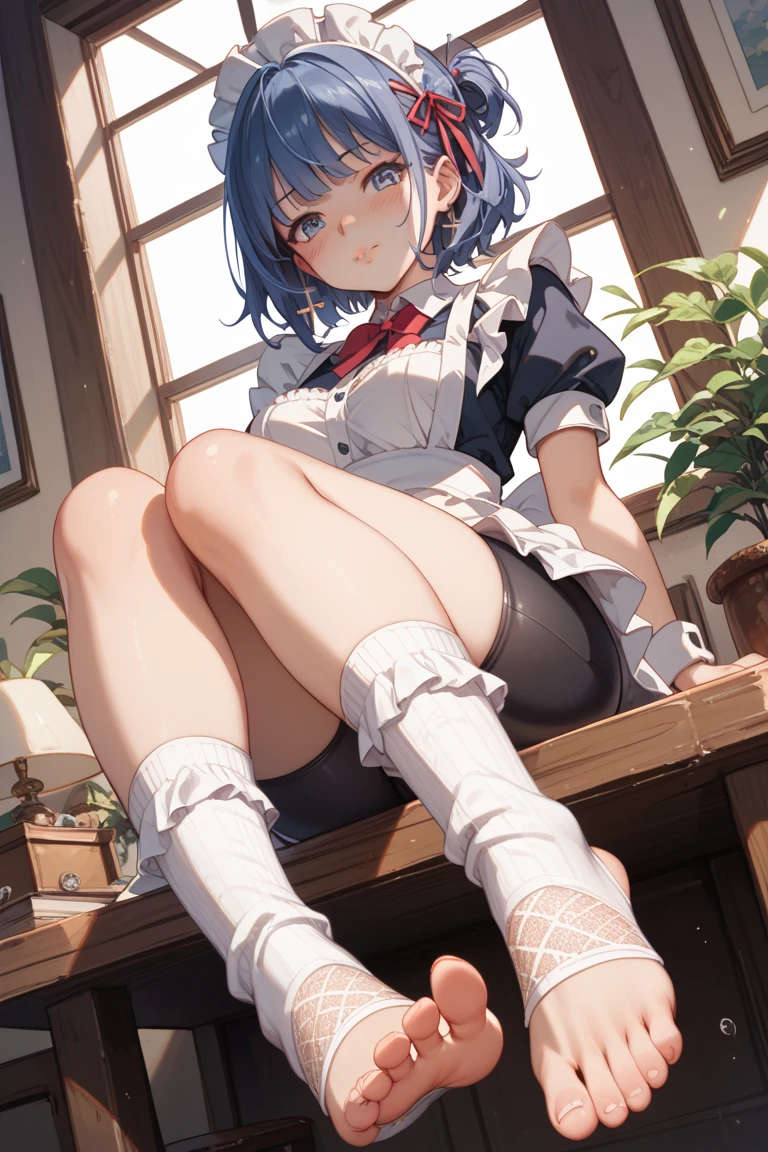 (((Pixel Perfect, Perfect detail))),girl,((Re:Zero Rem)),(((whole body)))Medium chest, ((Bangs that hide the right eye))((Blue Hair))Rem-style hair accessory,(((school uniform)))Skirt lifted,White panties, sitting in M-shape, legs apart