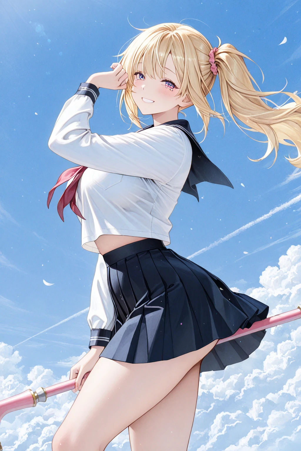 cowboy shot, filo, 1girl, solo, blond hair,embarrassed, closed mouth, flat chest,skinny,short stature,white wings, hite dress, blue bow, long hair, blue eyes, looking at viewer, parted bangs, bent over,(from below:1.5),(skirt lift:1.5), ((skirt grabs:1.3)),(panty shot:1.3),white panty,top-quality,Top image quality,perfect anatomy,masterpiece,ultra-detailliert,Beautiful,ultra-quality, best quality,high resolution, ultra-detailed,game cg,dutch angle ,beautiful detailed eyes,visualart,five fingers, perfect hands