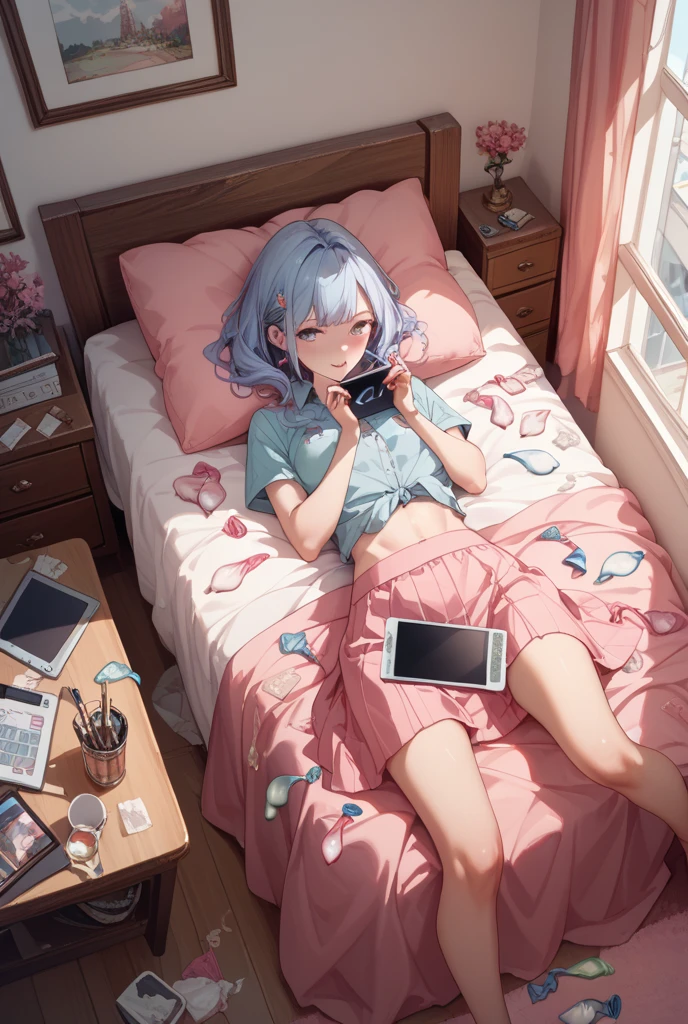picture in anime/manga style with a boy lying in his room with plants and listening to music on headphones