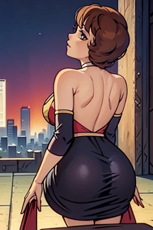 short black hair, with slightly messy bangs. penetrating brown eyes.  Thin and marked build.  She wears a yellow elegant dress and black shoes Big , big ass, nsfw. Full body image. Booty, busty. Marvel style, comic style