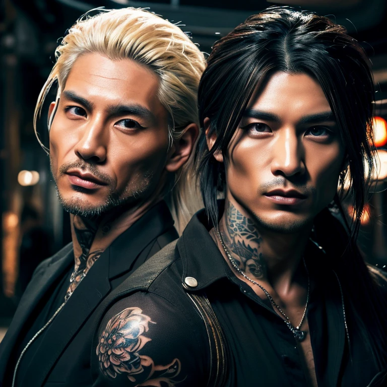 Create an anime character with neck-length black hair and Yakuza-style tattoos and next to him another boy with white hair and light eyes
