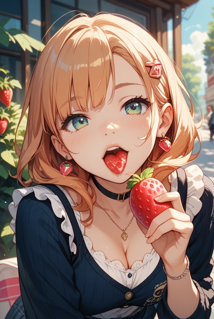 Beautiful blonde girl 50% like claudia shifter having breakfast, eating strawberries ( masterpiece) (realistic photography) (daylight)( detailed)