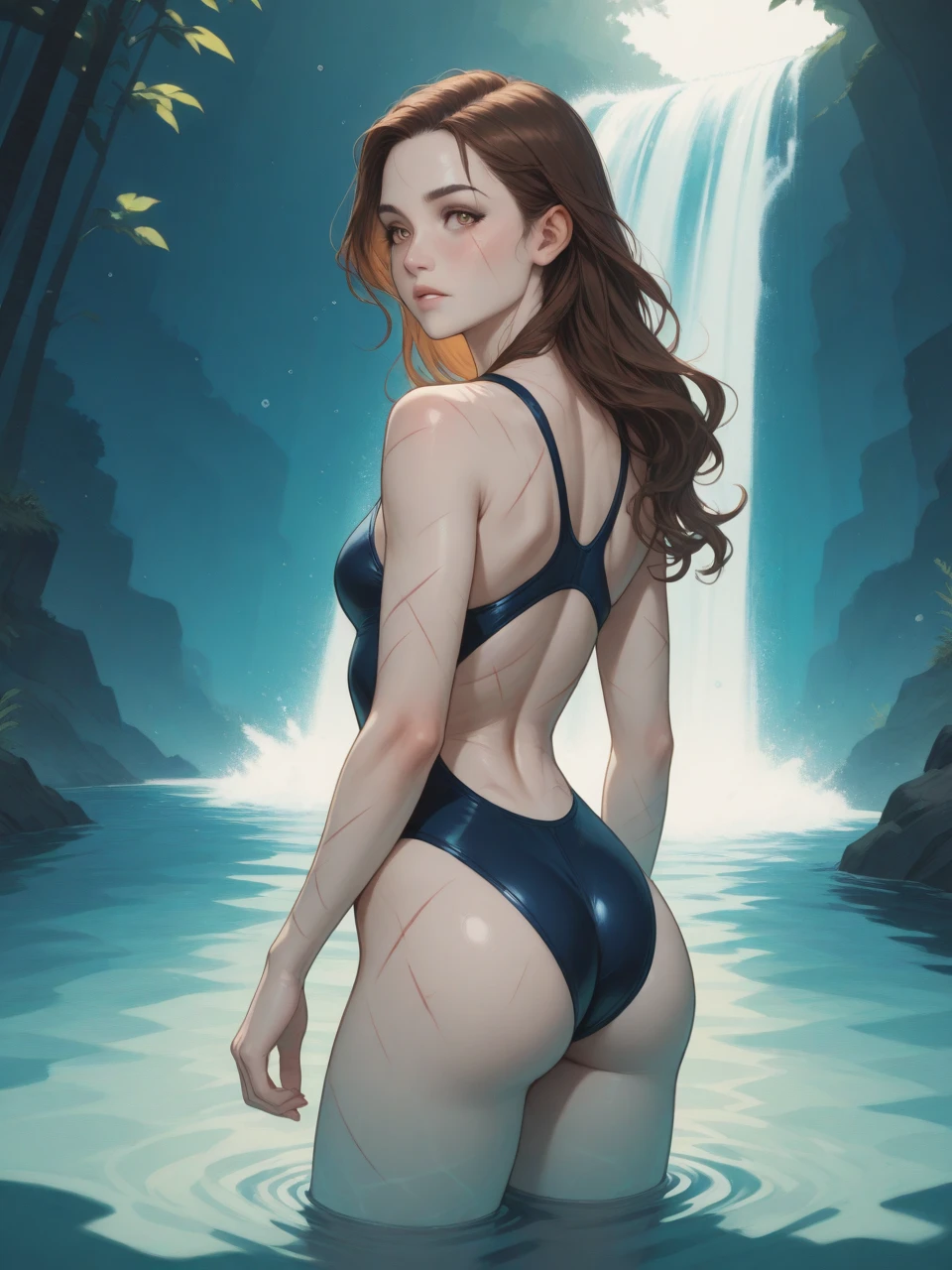 1 woman swimming naked in water pond, comply naked thick body shape ,long black curly hairy,very hairy vagina, moon ligth shinny night. Full body view, hairy arms,tan sking with blue eyes.