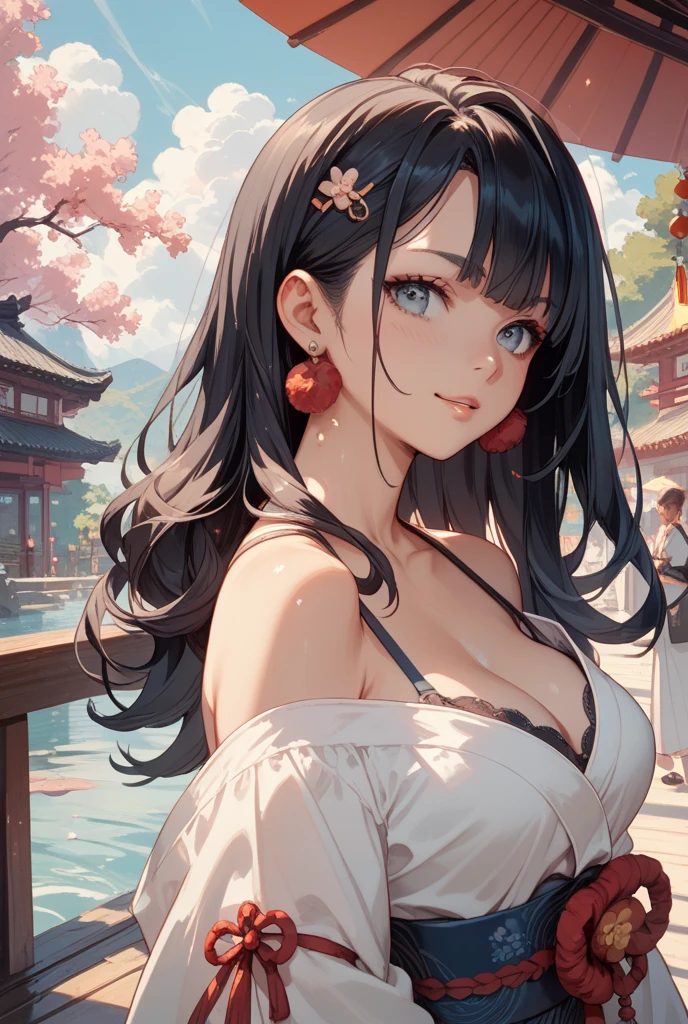 An elegantly dressed Japanese woman in natural light、A close-up of her chest and calm expression.、It shows her inner peace and outer charm.。Highest quality, figure, Very detailed, In detail, High resolution, 8k wallpaper, Perfect dynamic composition, Beautiful attention to detail, Natural Lip, Cleavage, Random sexy poses,Fantastic landscape,Refers to 5 books,Detailed fingering,Departure Day,Flushed face,A gentle embrace,Healing,I&#39;m adventuring
