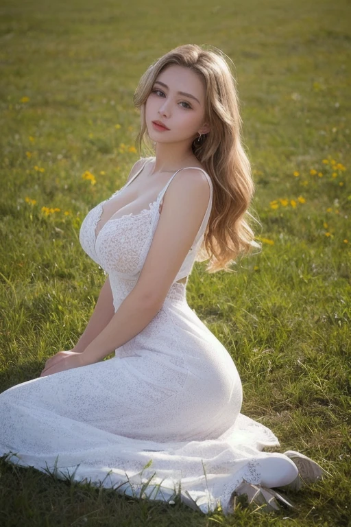 (((unity 32k wallpaper,Raw photo,At 32K、Super highest resolution、Super best image quality、super highest quality、32K resolution、photorealistic1.5、Sharpest image quality、clear image、マスターmasterpiece、People photography:1.photorealistic, masterpiece: 1.hotorealistic、sharp focus、high definition,An illustration、Super fine、Fine、perfect dynamic composition、))),受賞歴のあるAn illustration、(intricate details: 1.2)、(Delicate details)、(cinematic light、bloom、sunshine、ray tracing、detailed shadows)、clear lines、sharp focus、official art、incredibly absurd、huge file size、Super detailed、very detailed、very delicate and beautiful、RAW photo、light shines on your face、Depth of bounds written、solo focus、(Wind:1.1)、1 girl、smile、(Standing position:1.2)、(big breasts、cleavage)、(detailed face、beautiful eyes、beautiful detailed lips、long eyelashes、realistic skin、white skin、delicate skin texture、long hair)、small earrings、pendant))、((null、grassland、sea of flowers))、pureerosface_v1、ulzzang-6500-v1.1、(((blonde、Blonde Woman、European Women、髪の毛がWindになびいてる、smile、sit、Open legs 1.4、open crotch 1.3 lower angle 1.3、Angle 1 from below.7)))、White lace underwear