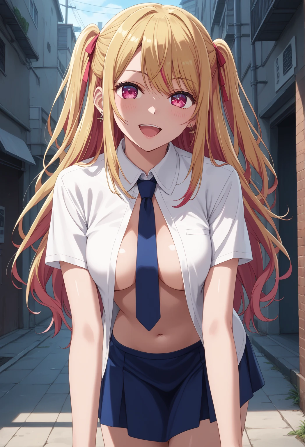 aikatsu,Blonde_HAIR,hoshimiya ichigo,hight resolution, absurdres, best_Quality, Ultra_Detailled, 8K, extremely_clear, photo, beautiful, Beautiful face, Scharp Focus, HDR, 1girl, Clean eyes, very wide-eyed,cyberpunk megacity background , hanabi, Beautiful face, very red areola, standing , very seductive pose, very young, teen, no bra, bare chest, No Top, NSFW, Blond long hair with red ends, pierced ears, marin kitagawa, clothes lift, skirt lift,panties