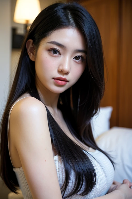 Realistic photos of Diao Chan, a Chinese fantasy beauty. She is very elegant, beautiful, and exotic. Her long, beautiful black hair is blowing in the wind. Her long, beautiful eyelashes and dark navy blue eyes shine beautifully, giving her a sense of beauty and strength. And her sexy, glossy, slightly thick lips enhance her feminine charm. Her body is gorgeous and curvaceous, with breasts that are a great size and beautiful shape, a beautifully toned waist, and beautifully long, slender legs. When she lies down, her entire seductive body is visible even through the thin black gauze kimono that she wears to sleep at night, and her inconcealable charm makes her even more beautiful. This photo was taken in a traditional Japanese room with tatami mats, sliding doors and paper screens, lit by the soft, warm light of a fire before going to sleep at night.