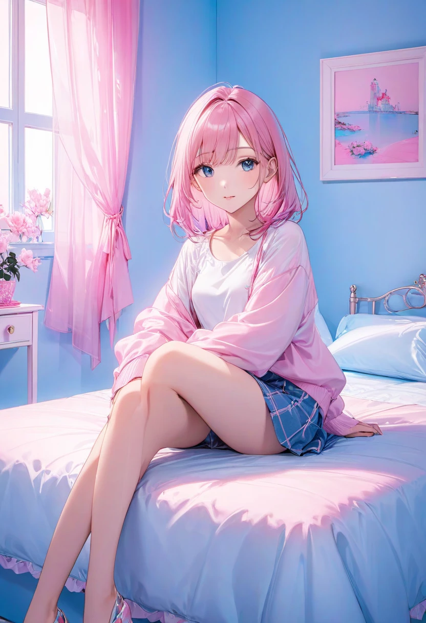 Masterpiece, best quality, super detailed, illustration, beautiful detailed eyes, close up, 1 girl, pink hair, white dress, panic, lying on sofa, panicked expression