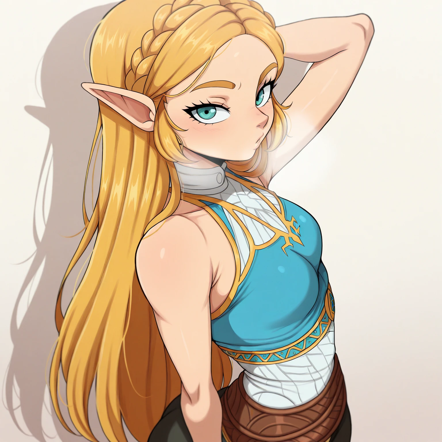 cutesexyrobutts style, 1girl, princess_zelda, pointy_ears, blonde_hair, long_hair, solo, smile, breasts, braid, pants, black_pants, hair_ornament, white_background, green_eyes, shirt, hairclip, crown_braid, looking_to_the_side, simple_background, blush, medium_breasts, bangs, long_sleeves, blue_shirt, looking_away, belt, cowboy_shot, parted_lips, sidelocks, thick_eyebrows, grin