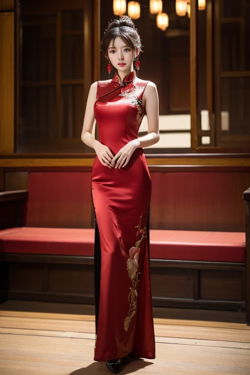 A Chinese woman, clad in a vibrant red dress that hugs her curves, long black hair cascading down her back, heels clicking on the ground, is depicted in this high definition, large-scale image. The intricately detailed fabric of her dress shimmers under the lights, her long hair swaying gently with each step she takes. The image is captured in exquisite detail, every wrinkle on the fabric, every strand of her hair appearing lifelike and lifelike. The woman's expressive eyes add an alluring charm to the photograph, making it a masterpiece of top-quality, high definition visual art.