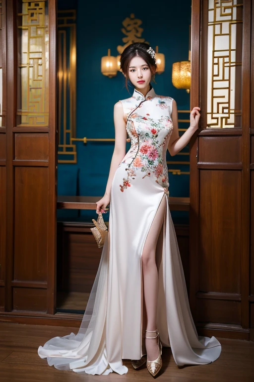 Highly detailed CG Unity 8K wallpapers, Highest quality, Tabletop, Realistic, Like the picture, Highly detailed beautiful woman, 22 years old,((Semi-long hair))、(((?????????????)))、????，glamorous，Round eyes,  (((The shape of the ?????? is visible from the top of the clothes)))、Realistic female hands、Audience,  blush, smile, ((Tall beautiful woman))、Lips parted, Full body shot , (((A long Chinese dress worn directly on the skin(Ultra-thin fabric))，)??????? costumes，Full body portrait，Muchimuchi、