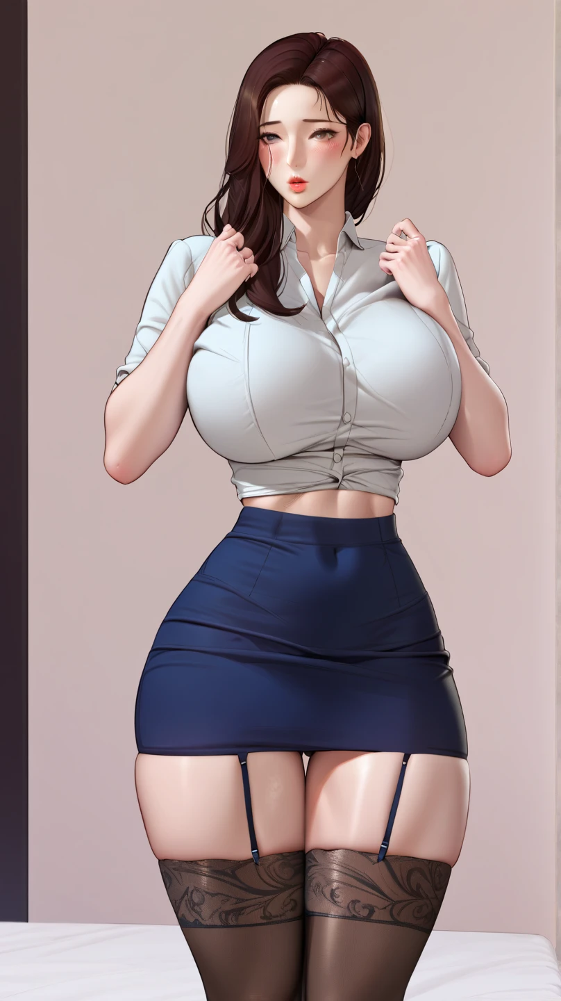 girl,alone,Gray background,Artistic lighting,Beautiful Asian Goddess,Long black hair,Long Hair,Wavy Hair,eyelash, blue eyes, lipstick, Tight dress shirt、、(((No bra)))、, Office Lady Uniform,(Translucent shirt:1.2)、Black suit、business suit,(Fully expose your thighs to the viewer:1.4),Standing with legs apart,She plays with her crotch with her own hands and rubs her own breasts., ,Tied up woman,Sensual,(Hair blowing in the wind),Graceful features,No sleeve,Mature Woman, Mature Woman,Detailed fingers, Perfect hands, Length 180cm,Small face,sweating,Soft thighs,Sexy legs,Sexy ass, Cleavage,Open the chest,Smooth thighs and legs,((Amazing orgasm)),大きなSexy ass, Perfect Body Proportions, Slim waist,Nipples visible,The areola is protruding,Tight waist,(Long legs:1.4),E cup bust,Thighs open,Huge :1.3,perspective:1.2,Looking at the audience,Character-centric,symmetry diagram,whole body:1.5,From below:1.2,Abdominal shot