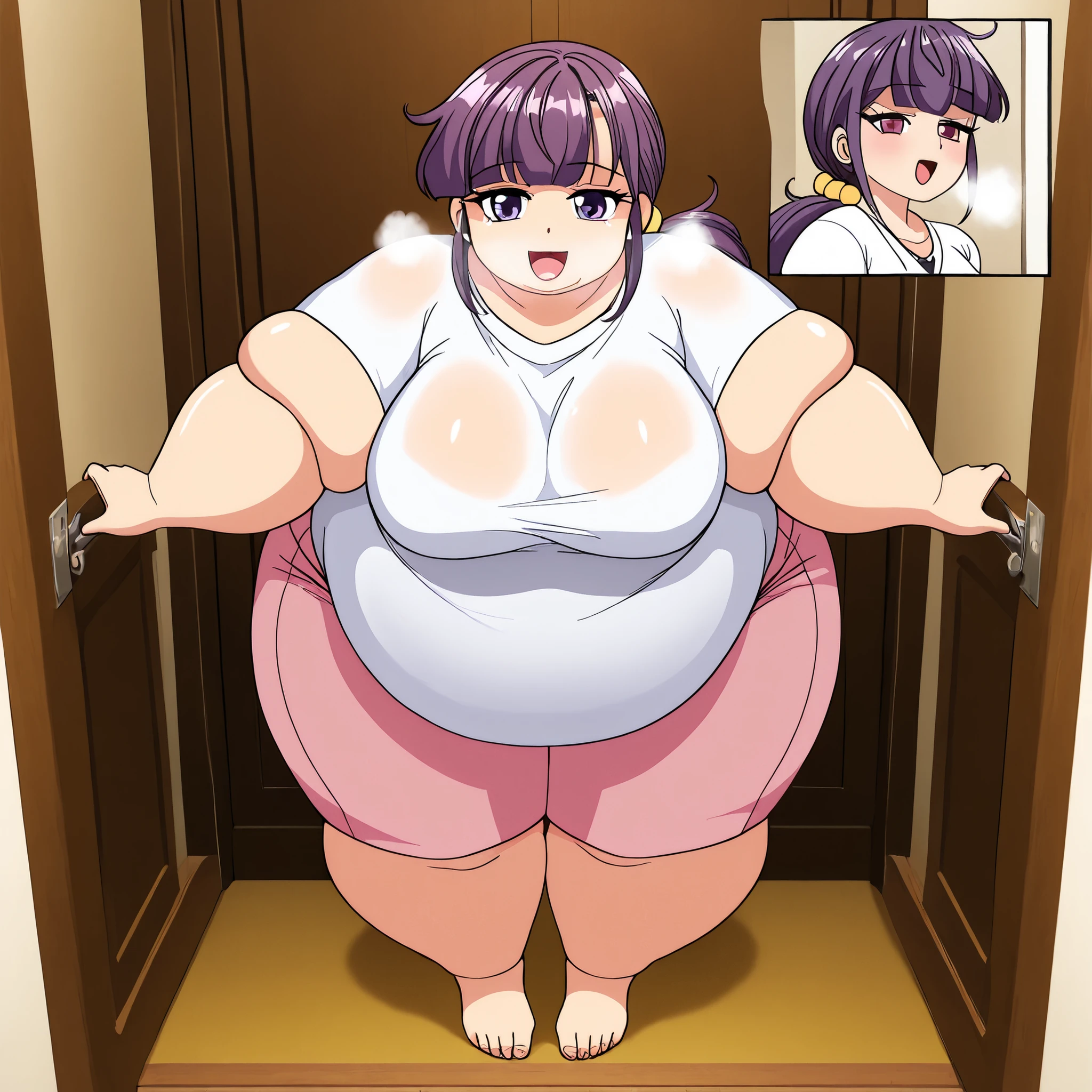 (Obese:1.1), (immobile:1.1), (600 pounds) (Blob:1.1)18, wearing pink bra and pink panties, standing outside in front of door to house, very long black hair, (big smile)