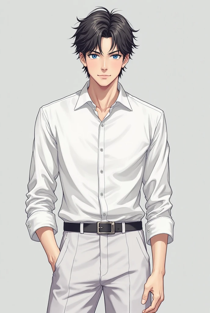 （1 Adult male），A high resolution， Sharp focus， Pixiv masterpiece， （（Complicated details））， highly  detailed， natsuki_subaru， 1 man， with her mouth open，full bodyesbian，sit astride， blue colored eyes（eyes glowing）， blue short hair，white  shirt，Wear a tie，Wear a belt，perspire，look from down
