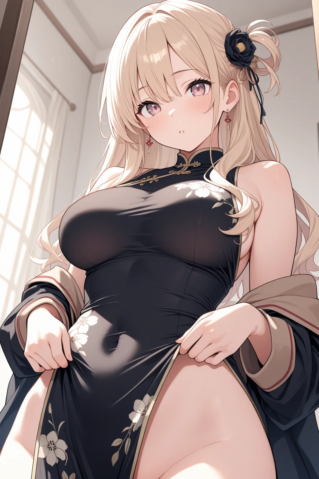 (masutepiece:1.4, Best Quality:1.2), (real picture, Intricate details), 1lady, Solo, NSFW, 
appearance: (Chiquita:1.25), (slender:1.2), Green eyes, slender, Small breasts, flat chest, pupils heart, large pelvic, Sharp eyes, ((cum in mouth)) ,too much cum, ((Yor)), ((cum on tongue)), cum on hands,  (cum on facial), 
Clothing: qipao dress:1.2, 
Accessories: golden ring, Simple hoop earrings, shell necklace, 
hair: Long blonde pubic area, hair messy, Hair Bow, Hair Ornament, 
makeup: masacra, natural, Glowing skin, 
location: Indoors, green bed
Behavior: Kneeling, After , Ahegao, Smile, Open mouth, tongue, Cupping hands, own hands together