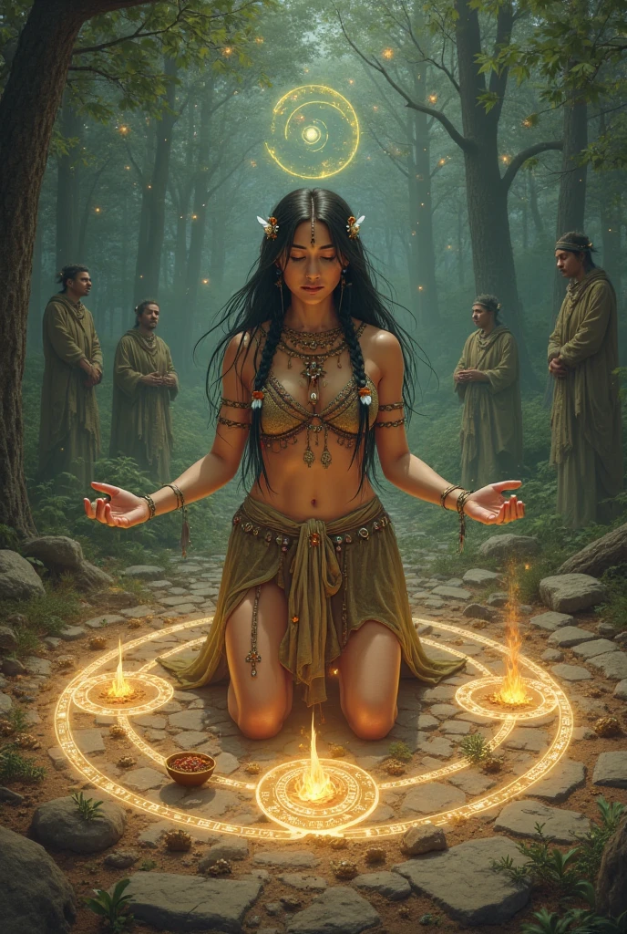 an ancient ivy covered stone monolith engraved with magic symbols surrounding a carved vagina in the middle of the monolith, three 3 beautiful busty nude Asian elf women on their knees praying while magic flames encircle them