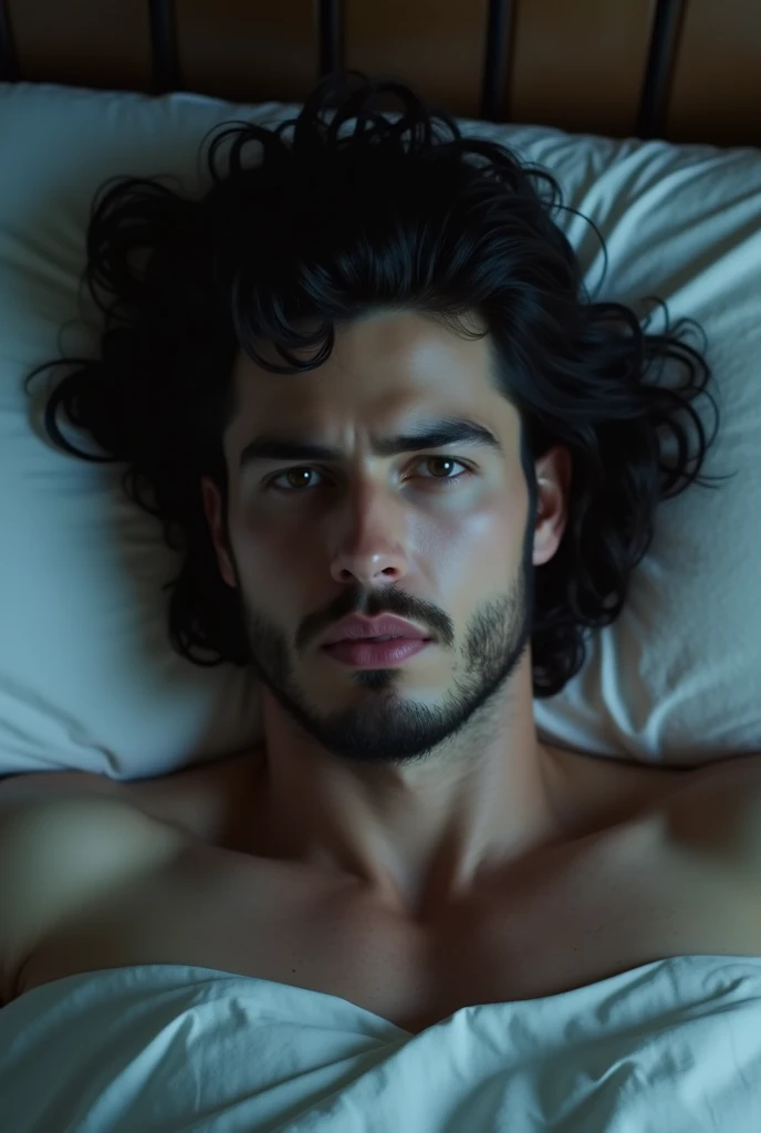 Dick is a 20-year-old Iranian boy with white skin, black eyes and black eyebrows, a crooked nose, a thick beard, and a sexy, six-pack, muscular body lying on the bed.