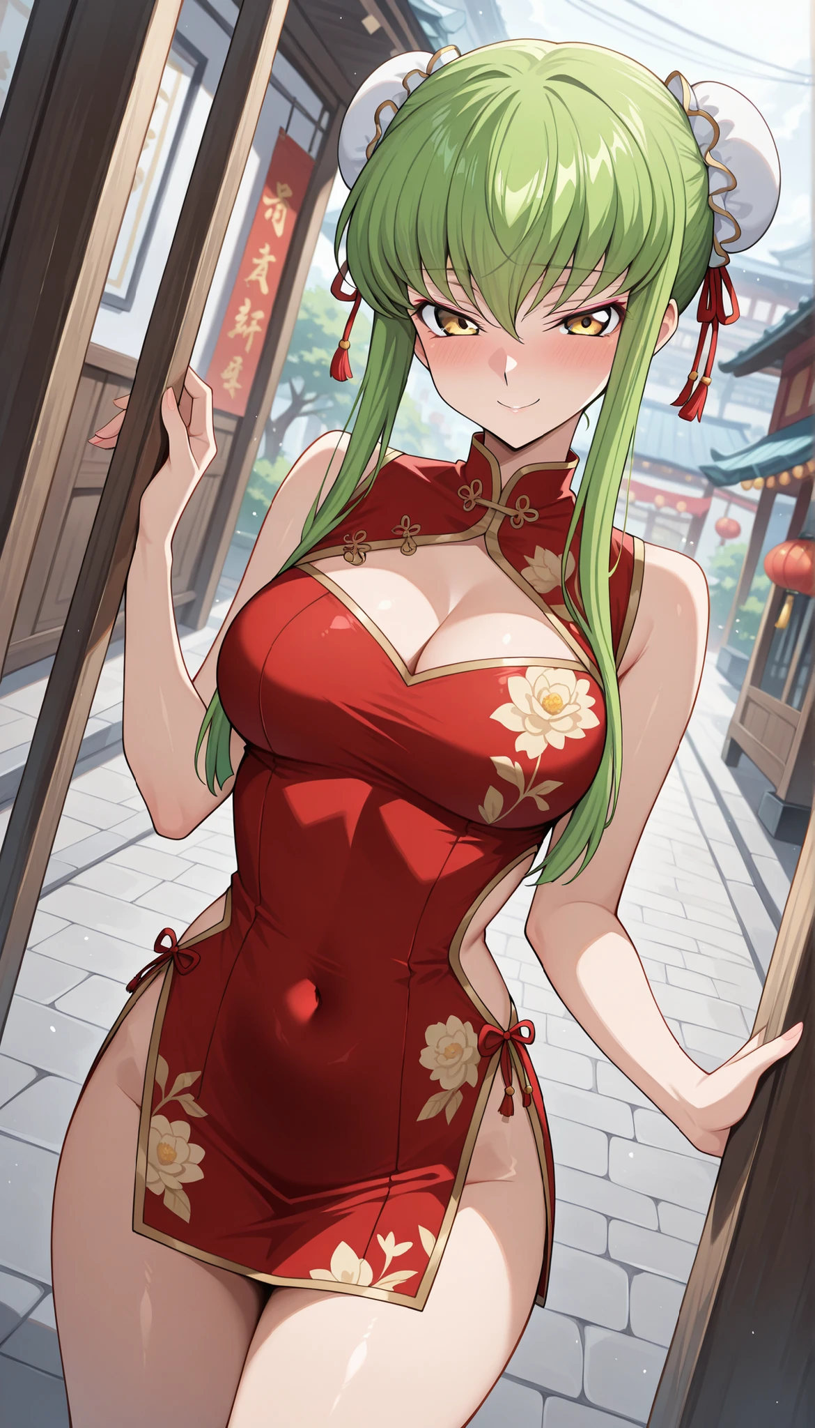 masterpiece, best quality, very aesthetic, absurdres BREAK
1girl, c.c., bangs, green hair, (yellow eyes:1.3),
beautiful face, clean skin, very aesthetic, absurd, perfect body quality, beautiful curves, perfect, cleavage cutout, small breasted, 1girl, two hair bun, white bun cover, red dress, chinadress, micro skirt, sleeveless, side cutout, flower trim, barelegs, barearms, barebottom, (lasciviously), (blush), naughty face, bewitching smile, (tempting), (standing), chinatown, outdoor, (looking at viewer), cowboy shot, solo, dutch angle, front view, from front,