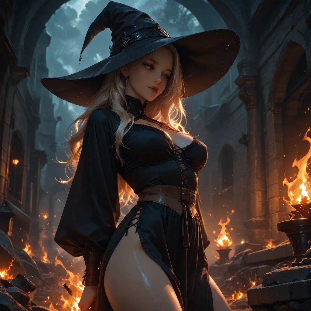 ultra detailed 8k qhd hdr render, a beautiful girl, gigantic breasts, wide hips, witch, dynamic pose, casting spell, magic, fireball, smoke, bats, night