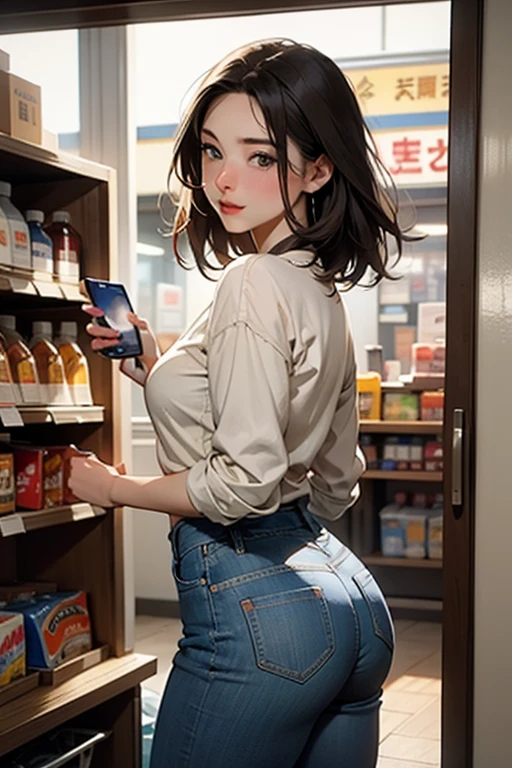 Voluptuous indian girl, milf lady, straight black medium length hairs, wearing deep neck white top and blue jeans, standing on a counter of ready made clothes showroom, showing shirts to male customers in cloth showroom, deep heavy cleavage visible, erection can be felt through top, a small black mole on cleavage, big warm smile, fair blushing face, entertaining customers happily, heavy ass, a blue satin belt on waist,golden watch and mobile phone in one hand,