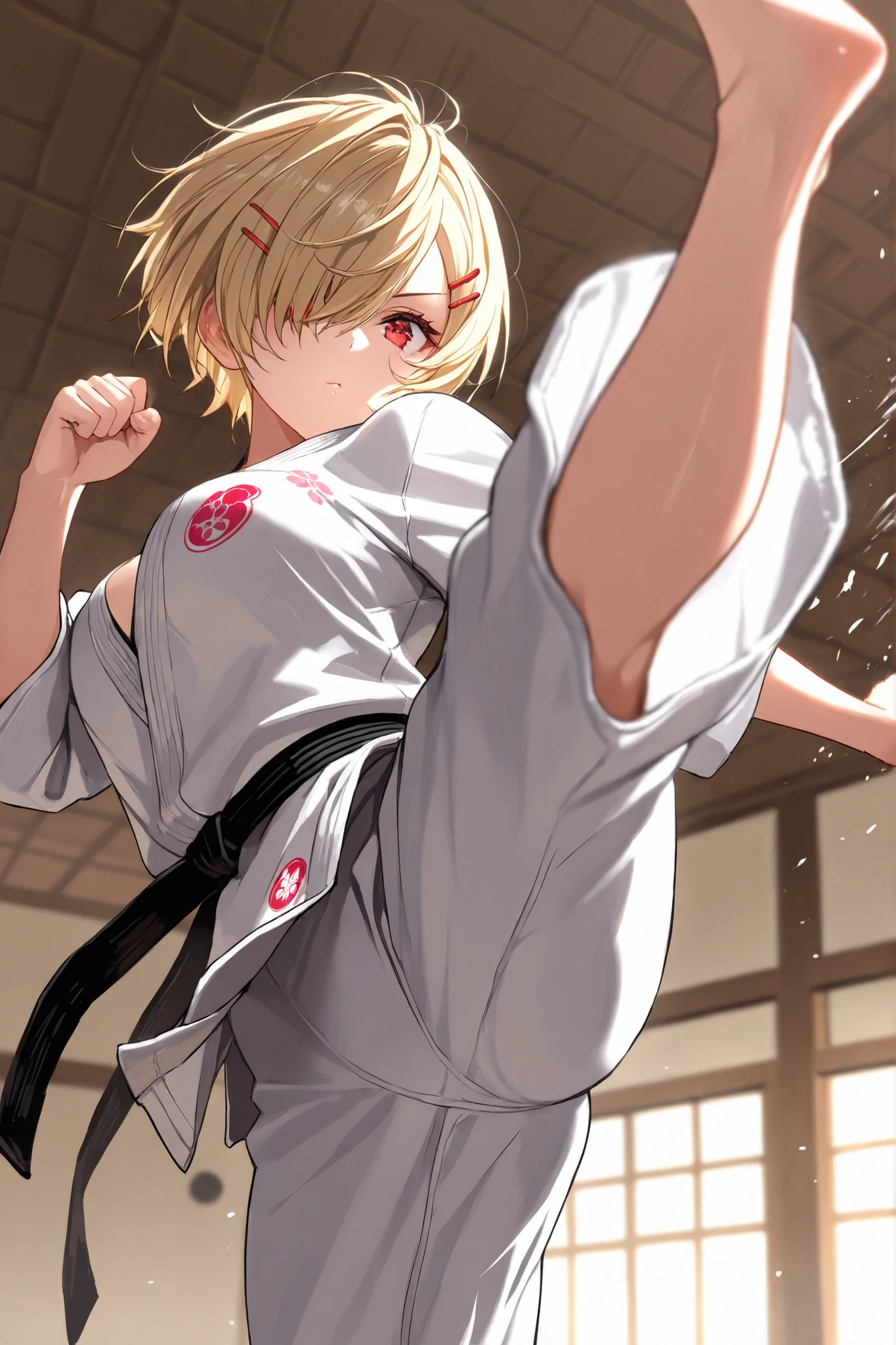 ((masterpiece))、(((top quality)))、((Super Detailed)),(solo),(girls),short blond hair,(Hair Clip),(((Hair on one eye))),(((one eye is covered by hair))),(Red Eyes),dou, Of martial arts_arts_belt, karate_, Indoor, Barefoot, high_kick, ceiling,Raccoon