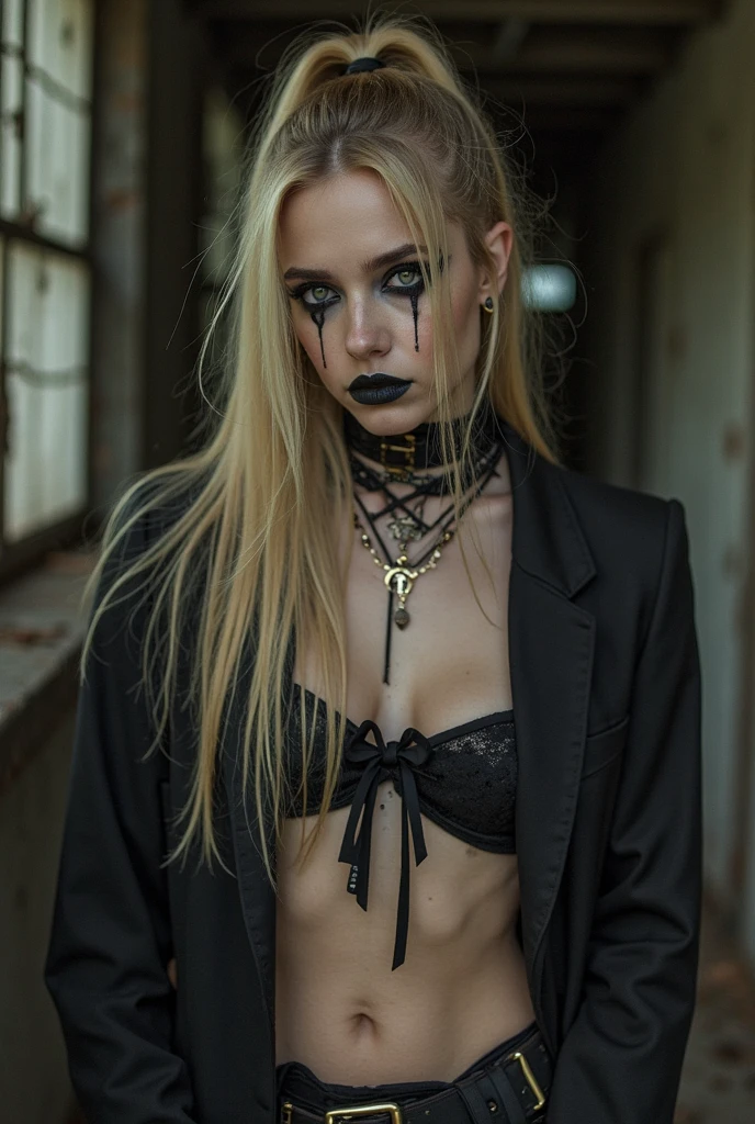 8k，Delicate facial features，ultra-clear，Pink  blonde Long Hair，Abandoned factory buildings，tattered torn shirt，blackstockings，Heavy makeup，Smoky makeup，eye shadows，self-shot，looking toward the viewer，ssmile，Tattooed with，cross necklace，the night，