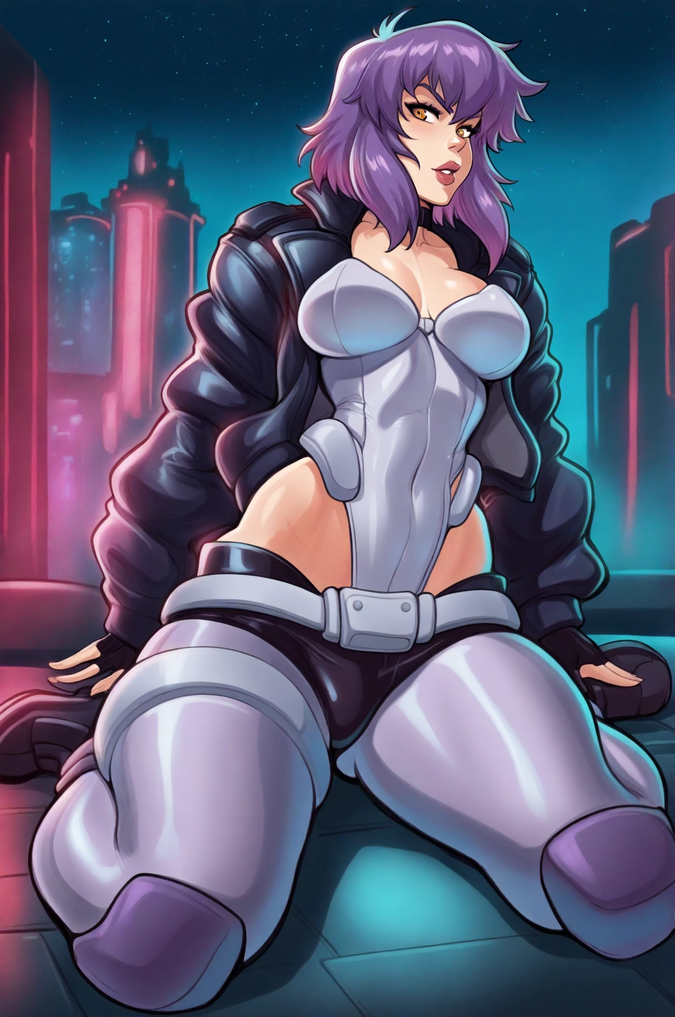 balsamique, masterpiece, best quality, 1girl, breasts, solo, pink hair, short hair, leather suit, huge ass, laser beams, spy, ripped pants, embarrassed, shy, small chest, pixie cut, cleavage, black catsuit, night vision goggles, purple lipstick, pink panties, ass crack, goggles on head, small breasts, adult, from behind, looking at viewer, surprised, torn clothes, torn bodysuit, exposed ass